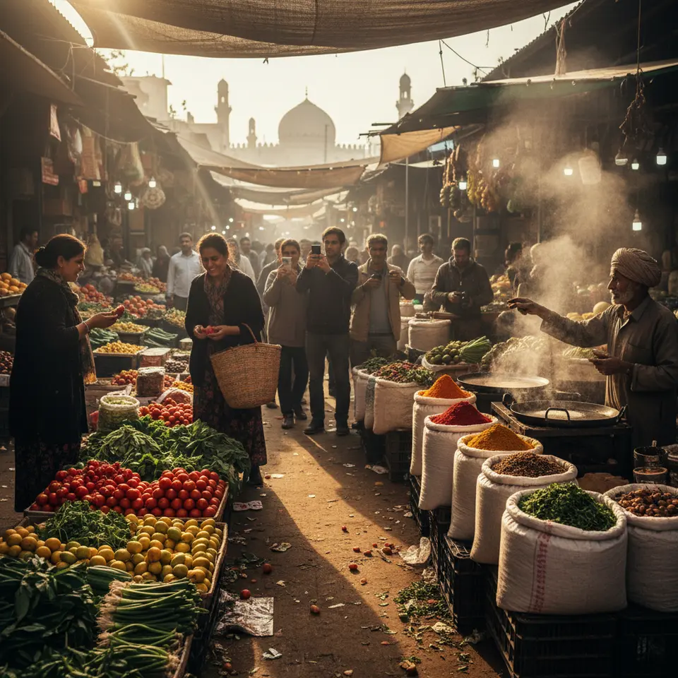 Engaging with Local Markets and Vendors: A bustling open-air bazaar scene filled with rows of colorful produce stalls, spice merchants displaying sacks of vibrant powders and herbs, artisans selling street snacks, and travelers sampling fresh fruits and photographing the lively market atmosphere.
