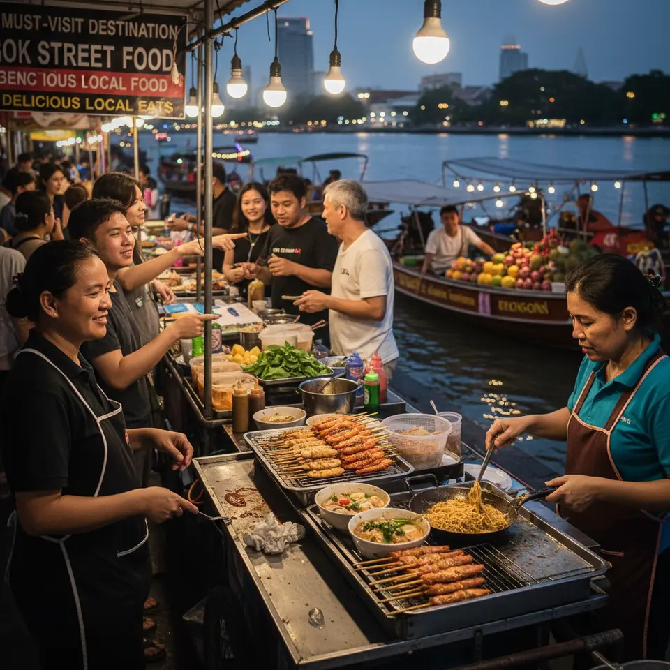 Must-Visit Destination – Bangkok Street Food Scene: A dynamic night market on a riverside street illuminated by neon lights, featuring food carts with chefs stir-frying pad see ew in woks, steaming bowls of tom yum soup, grilled seafood skewers, and nearby floating market boats brimming with tropical fruits and chilies.
