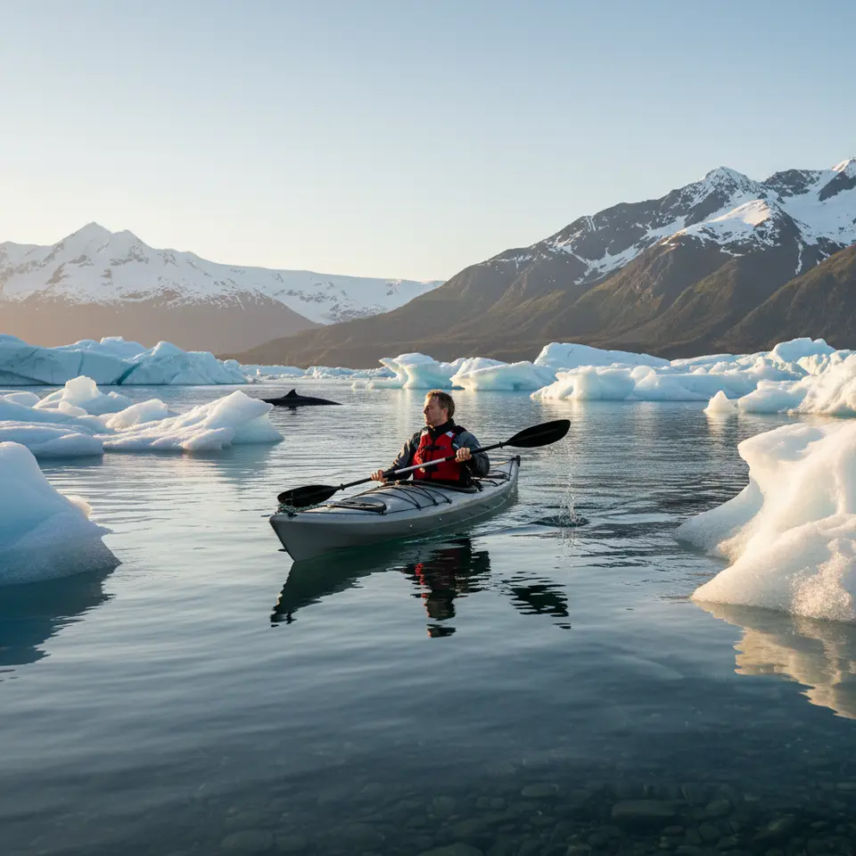 Wilderness Retreats: A lone traveler kayaking through crystal-clear Alaskan waters, paddling between towering icebergs and rugged mountains under a bright sky—no cell towers or distractions in sight, just pristine wilderness and passing wildlife.