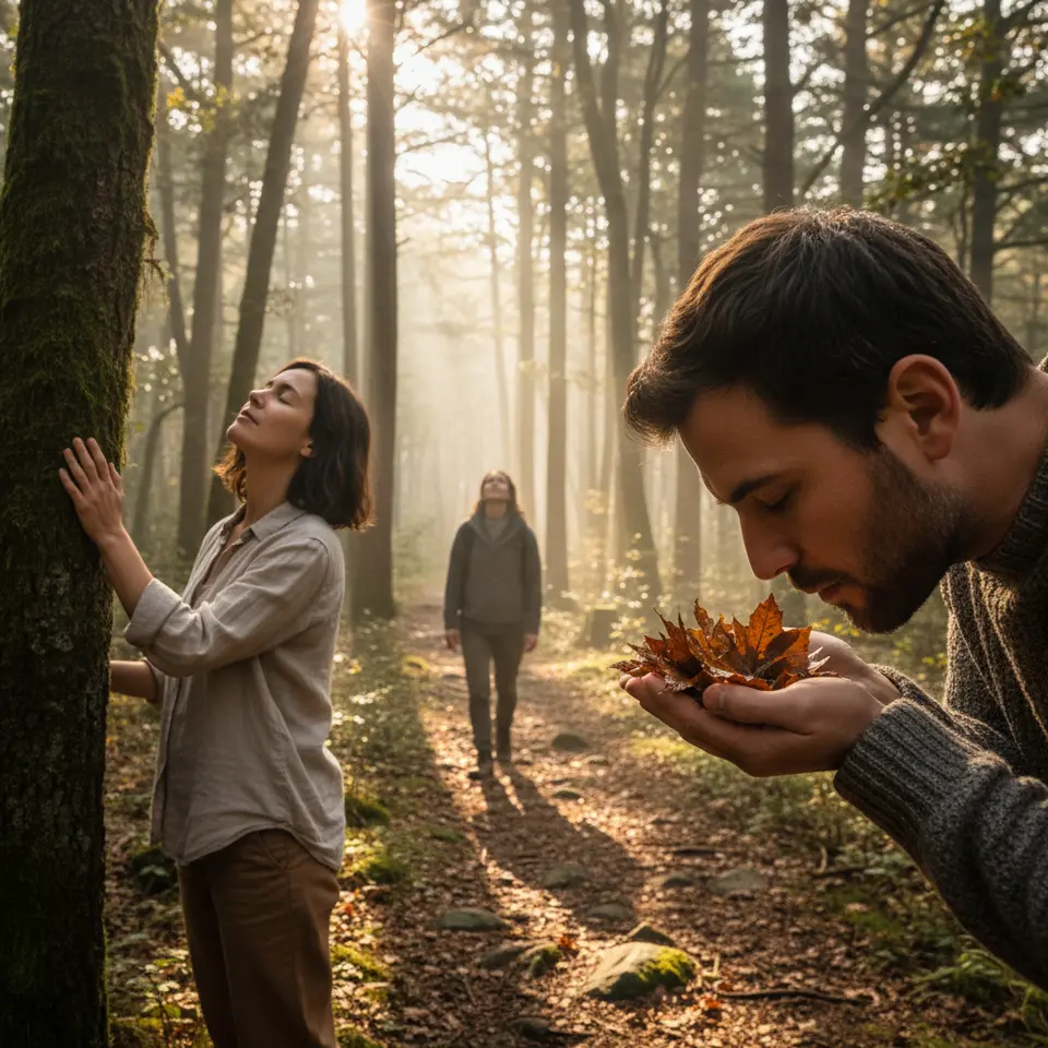 Forest Bathing and Nature Walks: A small group meandering slowly along a sun-dappled forest path at dawn, pausing to touch moss-covered trunks and inhale the earthy scents of pine and damp leaves, immersed in the Japanese practice of shinrin-yoku.