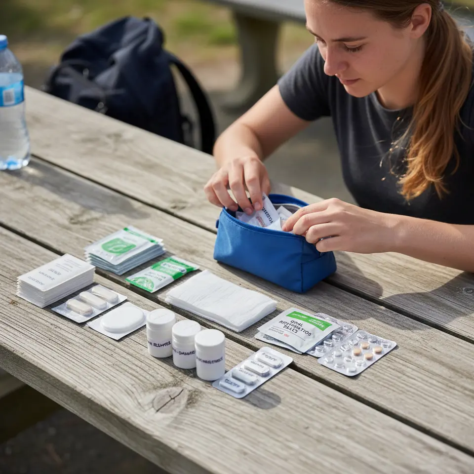 A neatly organized travel first-aid kit laid out on a flat surface: a small zippered pouch open to reveal adhesive bandages, antiseptic wipes, sterile gauze pads, clearly labeled pill bottles (pain relievers, antihistamines), anti-diarrheal packets, oral rehydration salts sachets, and motion-sickness tablets, all arranged in orderly rows.