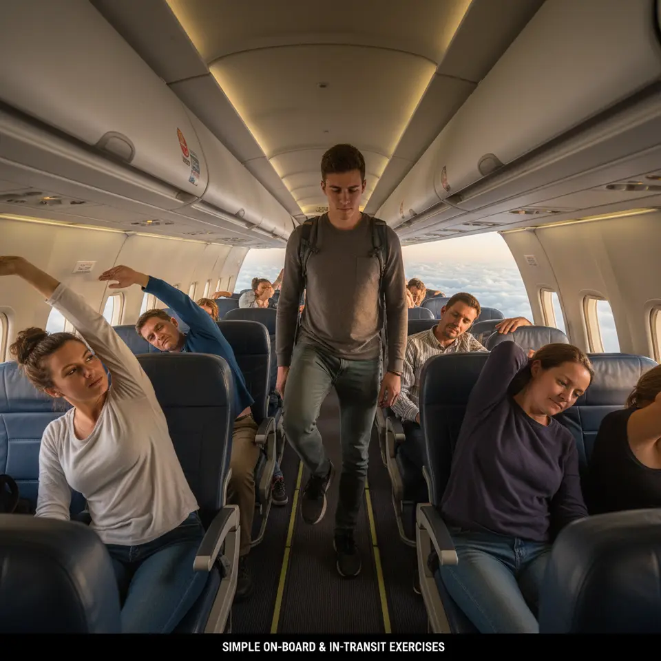 An airplane cabin scene showing a traveler standing in the aisle mid-flight doing calf raises and ankle circles, with seated passengers stretching arms and necks, overhead bins and window views of clouds visible—illustrating simple on-board and in-transit exercises.