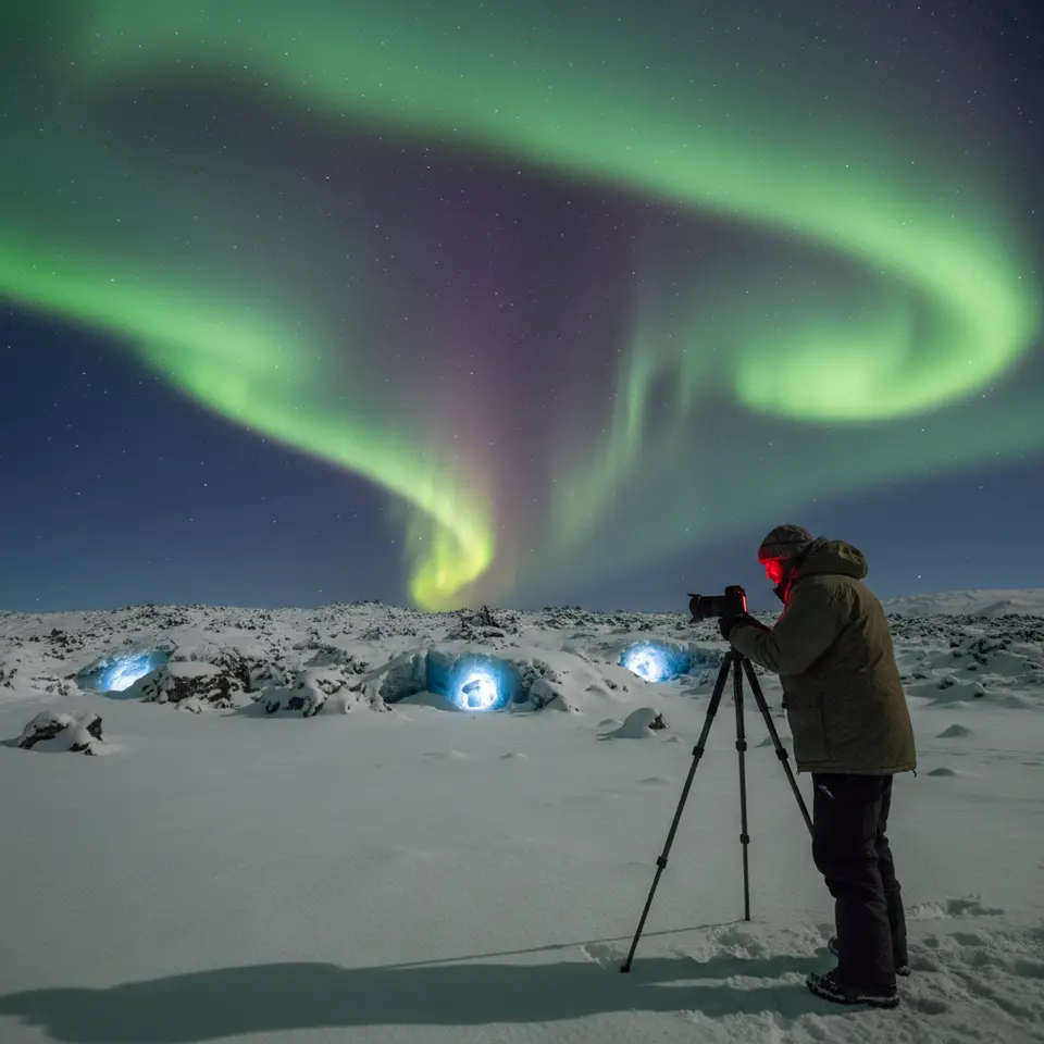 A dramatic nightscape of the Aurora Borealis swirling vivid greens and purples above Iceland’s remote highlands—snow-blanketed lava fields and glacial caves below, a lone photographer with a sturdy tripod capturing the ethereal lights.
