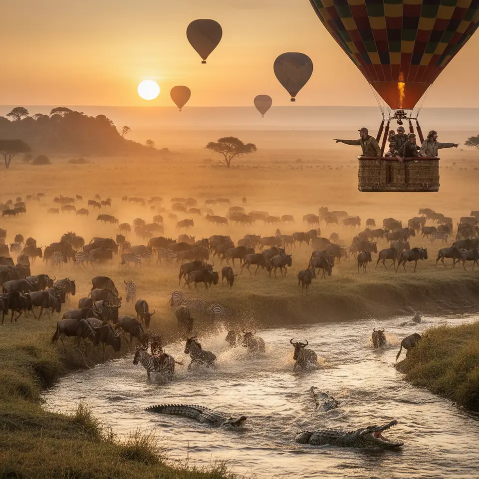 A golden-dawn panorama over the Serengeti during the Great Migration—hot-air balloons drifting above herds of wildebeest and zebras crossing a crocodile-teeming river, warm sunrise light illuminating the endless savannah plains.