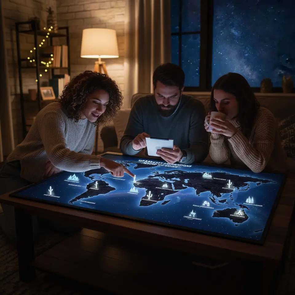 A stylized world map at night pinpointing the Top Dark Sky Destinations Around the Globe—Aoraki Mackenzie (New Zealand), Jasper National Park (Canada), NamibRand (Namibia), Grand Canyon-Parashant (USA), Roque de los Muchachos (Spain), Mont-Mégantic (Canada), Kiruna (Swedish Lapland), and Cherry Springs (USA). Each site marked with a glowing star icon and small illustrations of local features (alpine peaks, desert dunes, aurora silhouettes, observatory domes), set against a deep blue star-studded sky with a faint Milky Way arc.