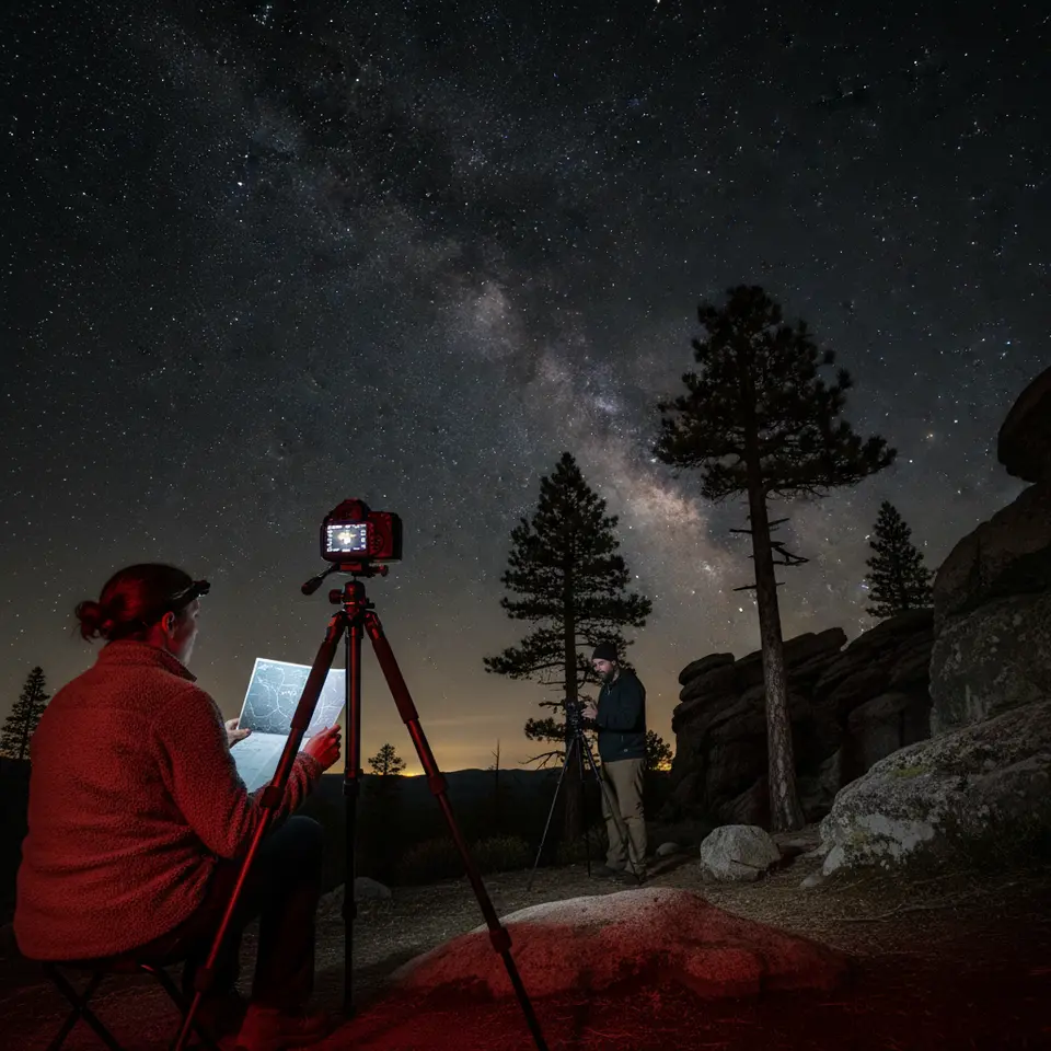 An astrophotography setup under a pristine dark sky: a sturdy tripod-mounted DSLR camera with a fast wide-angle lens aimed upward, a red-light headlamp casting a soft glow on a printed star chart, and silhouetted foreground elements like rock formations or pine trees. The long-exposure sky shows crisp stars and faint nebulae, illustrating camera settings and composition for night-sky photography.