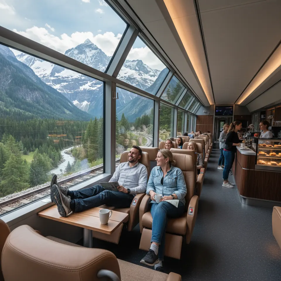 Spacious observation lounge inside a modern scenic train, featuring floor-to-ceiling panoramic windows framing alpine peaks and winding valleys, plush reclining seats with footrests, a sleek café bar serving local delicacies, and passengers enjoying the view