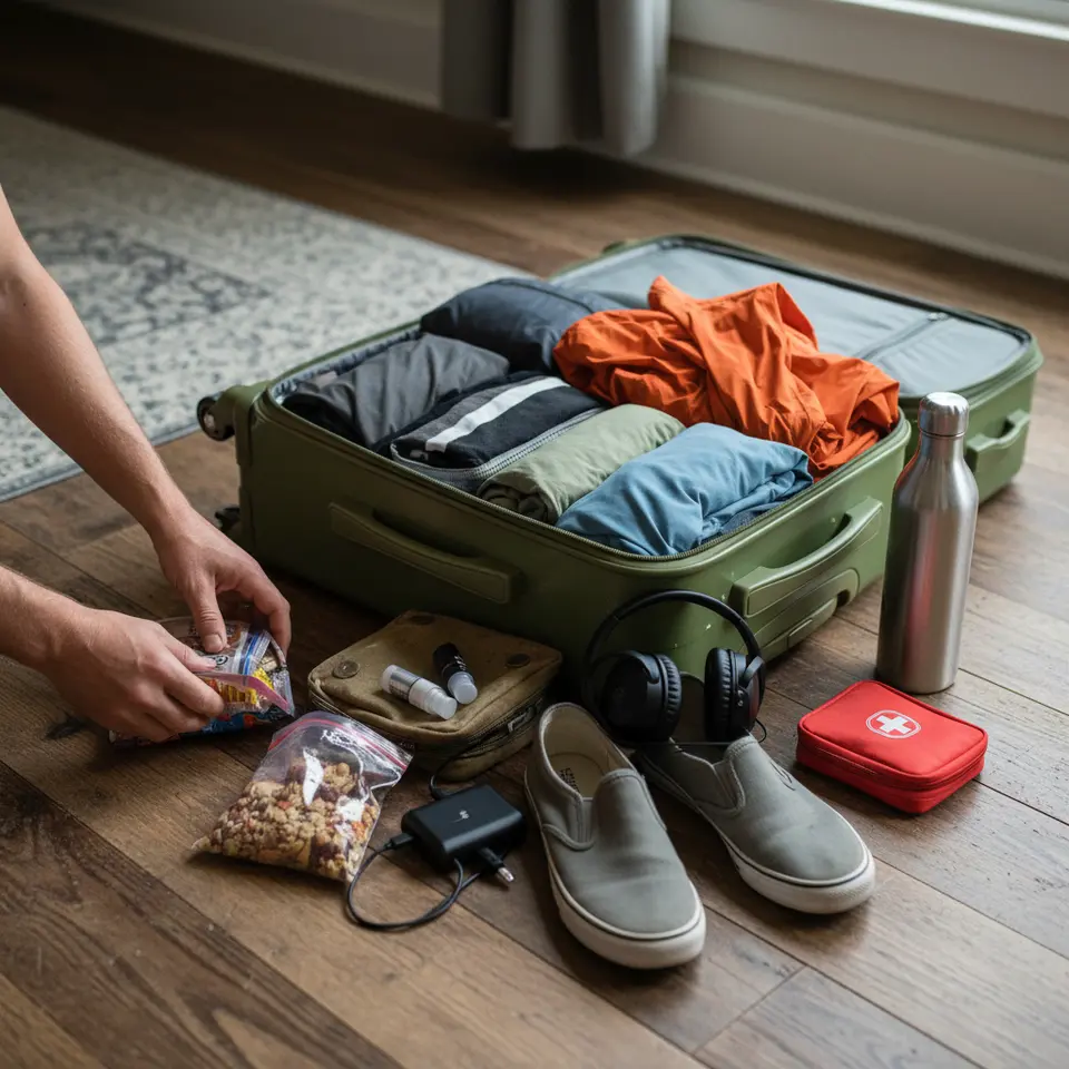 Flat-lay of essential packing items for a scenic train journey: compact rolling suitcase, lightweight packing cubes neatly organized with moisture-wicking layers and a water-resistant shell, slip-on shoes, refillable water bottle, snacks, noise-cancelling headphones, power bank, travel adapter, toiletry pouch, and a small first-aid kit